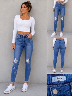 Entro Distressed Skinny Jeans – Medium Wash Raw Hem Denim – Size Medium